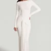 Rochie maxi Mericia din jersey moale, cu guler barcă și drapaj, în culoarea alb