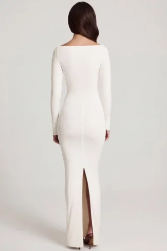 Rochie maxi Mericia din jersey moale, cu guler barcă și drapaj, în culoarea alb Rochie maxi Mericia din jersey moale, cu guler barcă și drapaj, în culoarea alb