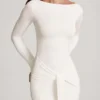 Rochie maxi Mericia din jersey moale, cu guler barcă și drapaj, în culoarea alb