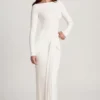 Rochie maxi Mericia din jersey moale, cu guler barcă și drapaj, în culoarea alb