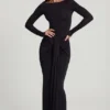 Rochie maxi Mericia din jersey moale, cu guler barcă și drapaj, în negru