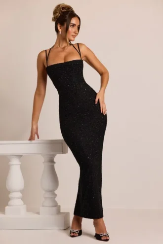 Rochie Maxi Monte Carlo cu guler în cascadă și ornamente, negru Rochie Maxi Monte Carlo cu guler în cascadă și ornamente, negru