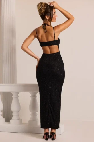 Rochie Maxi Monte Carlo cu guler în cascadă și ornamente, negru Rochie Maxi Monte Carlo cu guler în cascadă și ornamente, negru