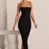 Rochie Maxi Monte Carlo cu guler în cascadă și ornamente, negru