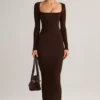 Rochie maxi mulată cu gât pătrat Lux Modal, culoare maro ciocolată