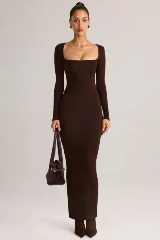 Rochie maxi mulată cu gât pătrat Lux Modal, culoare maro ciocolată Rochie maxi mulată cu gât pătrat Lux Modal, culoare maro ciocolată