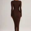 Rochie maxi mulată cu gât pătrat Lux Modal, culoare maro ciocolată