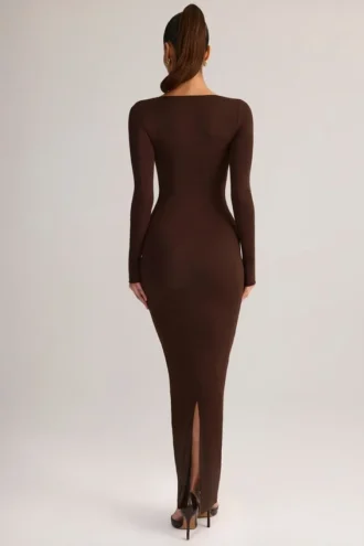 Rochie maxi mulată cu gât pătrat Lux Modal, culoare maro ciocolată Rochie maxi mulată cu gât pătrat Lux Modal, culoare maro ciocolată