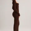 Rochie maxi mulată cu gât pătrat Lux Modal, culoare maro ciocolată