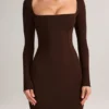 Rochie maxi mulată cu gât pătrat Lux Modal, culoare maro ciocolată