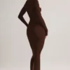 Rochie maxi mulată cu gât pătrat Lux Modal, culoare maro ciocolată
