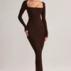 Rochie maxi mulată cu gât pătrat Lux Modal, culoare maro ciocolată