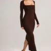 Rochie maxi mulată cu gât pătrat Lux Modal, culoare maro ciocolată