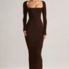 Rochie maxi mulată cu gât pătrat Lux Modal, culoare maro ciocolată