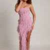 Rochie Maxi Nevali cu decolteu bandeau și volane, în roz prăfuit Rochie Maxi Nevali cu decolteu bandeau și volane, în roz prăfuit
