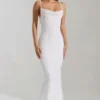 Rochie maxi Nivalis cu guler cowl și spate decupat, decorată, în culoarea alb Rochie maxi Nivalis cu guler cowl și spate decupat, decorată, în culoarea alb