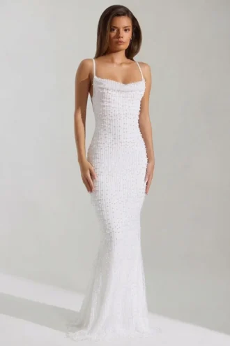 Rochie maxi Nivalis cu guler cowl și spate decupat, decorată, în culoarea alb Rochie maxi Nivalis cu guler cowl și spate decupat, decorată, în culoarea alb