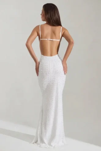 Rochie maxi Nivalis cu guler cowl și spate decupat, decorată, în culoarea alb Rochie maxi Nivalis cu guler cowl și spate decupat, decorată, în culoarea alb