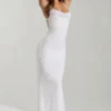 Rochie maxi Nivalis cu guler cowl și spate decupat, decorată, în culoarea alb Rochie maxi Nivalis cu guler cowl și spate decupat, decorată, în culoarea alb