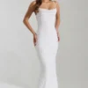 Rochie maxi Nivalis cu guler cowl și spate decupat, decorată, în culoarea alb Rochie maxi Nivalis cu guler cowl și spate decupat, decorată, în culoarea alb
