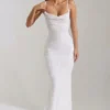 Rochie maxi Nivalis cu guler cowl și spate decupat, decorată, în culoarea alb Rochie maxi Nivalis cu guler cowl și spate decupat, decorată, în culoarea alb