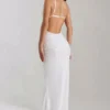 Rochie maxi Nivalis cu guler cowl și spate decupat, decorată, în culoarea alb Rochie maxi Nivalis cu guler cowl și spate decupat, decorată, în culoarea alb