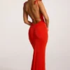 Rochie maxi Noelia din jersey texturat, cu spate decupat, în roșu aprins Rochie maxi Noelia din jersey texturat, cu spate decupat, în roșu aprins