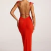 Rochie maxi Noelia din jersey texturat, cu spate decupat, în roșu aprins Rochie maxi Noelia din jersey texturat, cu spate decupat, în roșu aprins