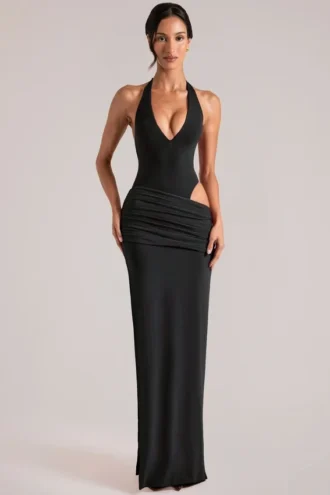 Rochie maxi Oona cu decolteu adânc și gât halter, în culoarea neagră Rochie maxi Oona cu decolteu adânc și gât halter, în culoarea neagră