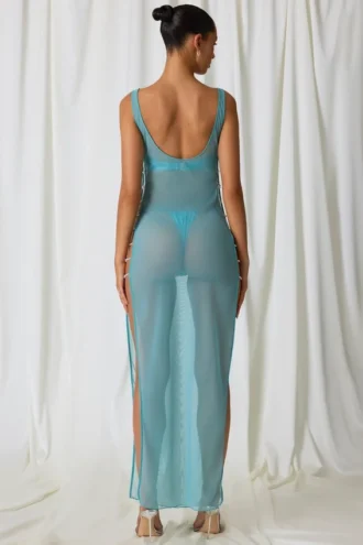 Rochie Maxi Pacifica cu decupaje și detalii din perle, în culoarea turcoaz
