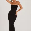 Rochie maxi Palermo cu guler tip cowl și decorațiuni, culoare negru