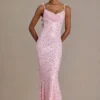 Rochie maxi premium Ariette cu spate decupat, în roz pal