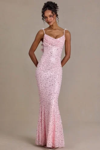 Rochie maxi premium Ariette cu spate decupat, în roz pal Rochie maxi premium Ariette cu spate decupat, în roz pal