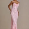 Rochie maxi premium Ariette cu spate decupat, în roz pal