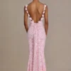 Rochie maxi premium Ariette cu spate decupat, în roz pal