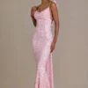 Rochie maxi premium Ariette cu spate decupat, în roz pal