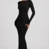 Rochie maxi Regine din modal cu volane și spate decupat, în negru