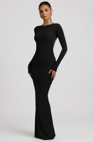 Rochie maxi Regine din modal cu volane și spate decupat, în negru Rochie maxi Regine din modal cu volane și spate decupat, în negru