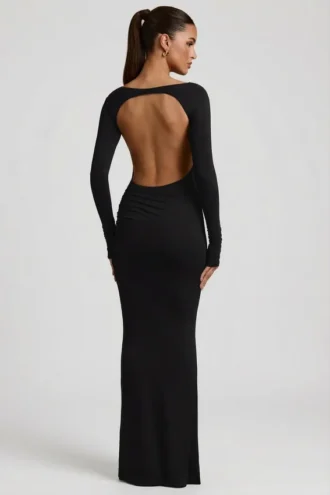 Rochie maxi Regine din modal cu volane și spate decupat, în negru Rochie maxi Regine din modal cu volane și spate decupat, în negru