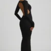 Rochie maxi Regine din modal cu volane și spate decupat, în negru