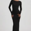 Rochie maxi Regine din modal cu volane și spate decupat, în negru