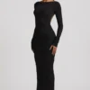 Rochie maxi Regine din modal cu volane și spate decupat, în negru