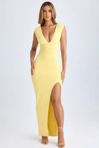 Rochie maxi Sloane din modal, cu decolteu adânc și fante pe coapse, în culoarea Lemon Sherbet Rochie maxi Sloane din modal, cu decolteu adânc și fante pe coapse, în culoarea Lemon Sherbet