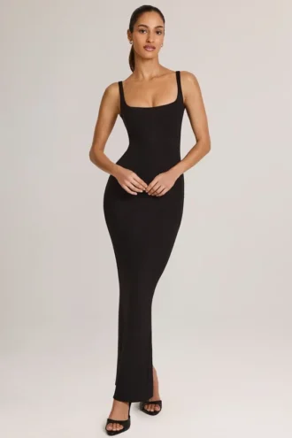 Rochie maxi Soreia cu gât pătrat din Modal, negru Rochie maxi Soreia cu gât pătrat din Modal, negru