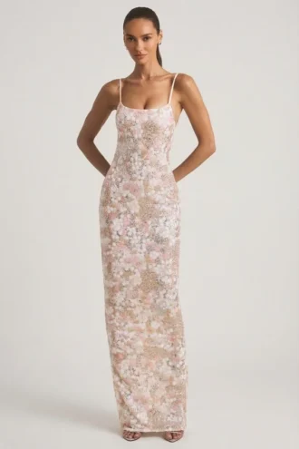 Rochie maxi Tavira cu decolteu rotund și spate decupat, decorată, în culoarea ivoriu Rochie maxi Tavira cu decolteu rotund și spate decupat, decorată, în culoarea ivoriu