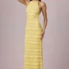 Rochie maxi Tove cu volane, decolteu în spate și gât halter, în galben lămâie Rochie maxi Tove cu volane, decolteu în spate și gât halter, în galben lămâie