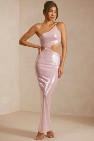 Rochie maxi transparentă cu paiete și decupaj pe un umăr Isabel, în nuanța liliac Rochie maxi transparentă cu paiete și decupaj pe un umăr Isabel, în nuanța liliac