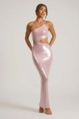 Rochie maxi transparentă cu paiete și decupaj pe un umăr Isabel, în nuanța liliac Rochie maxi transparentă cu paiete și decupaj pe un umăr Isabel, în nuanța liliac