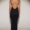 Rochie maxi transparentă cu spate decupat și ornamente, model Celandine, în negru Rochie maxi transparentă cu spate decupat și ornamente, model Celandine, în negru
