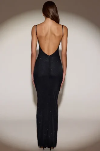 Rochie maxi transparentă cu spate decupat și ornamente, model Celandine, în negru Rochie maxi transparentă cu spate decupat și ornamente, model Celandine, în negru